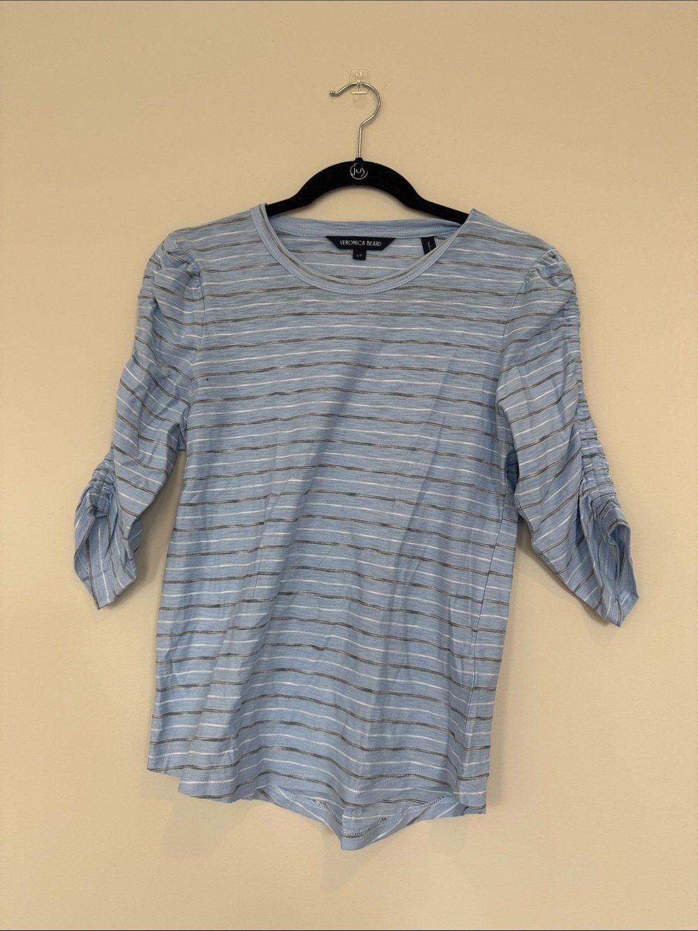 Veronica Beard Light Blue & White Striped Ruched-Sleeve Tee